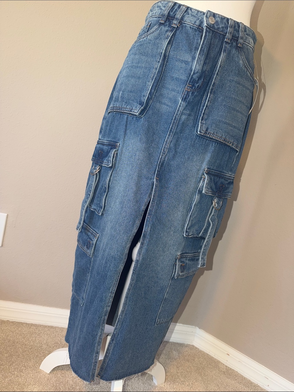 NWT Pacsun High-Waist Blue Cargo Denim Skirt with Front Slit Size Small
